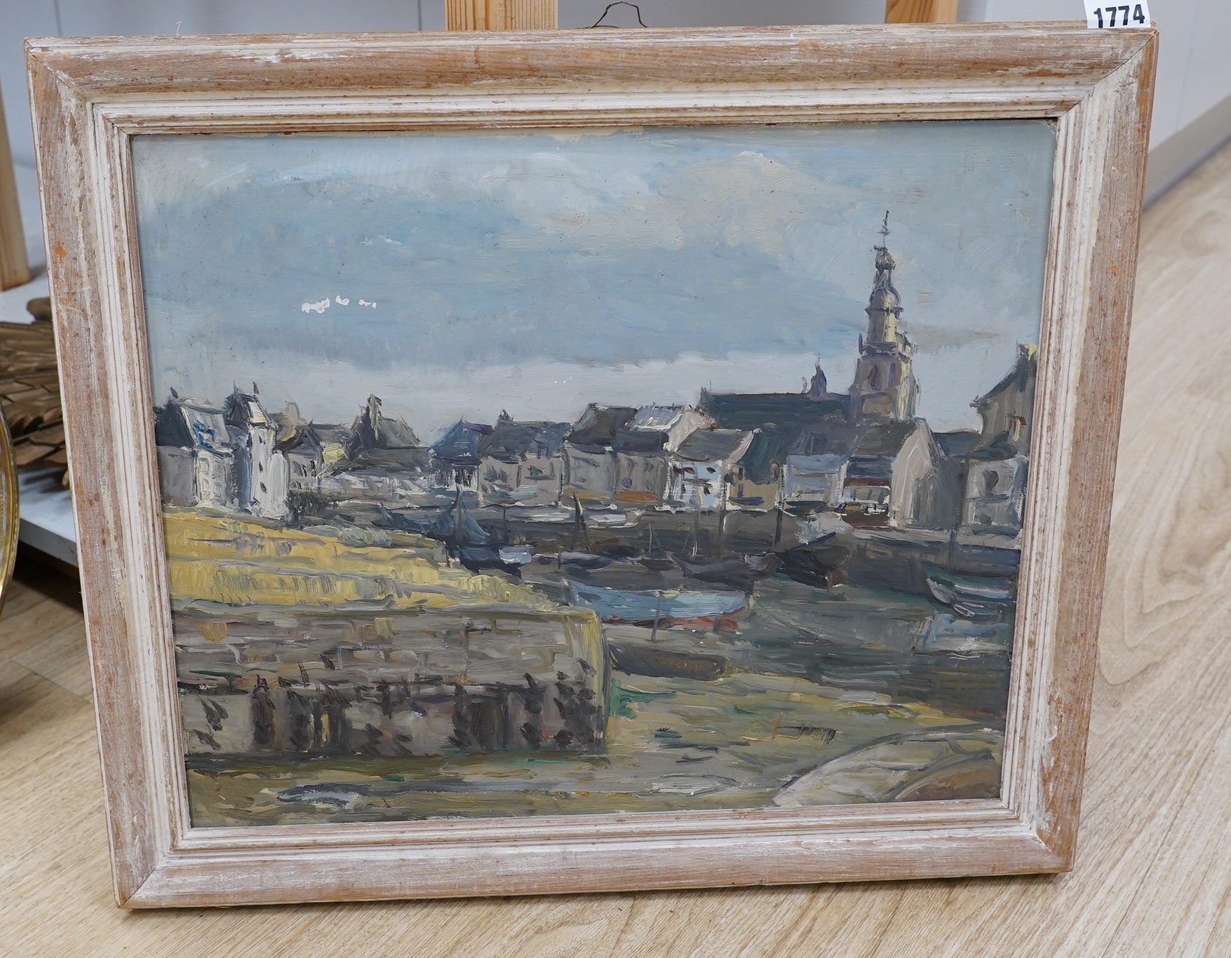 French School, oil on board, Harbour scene, unsigned, 37 x 45cm. Condition - fair to good, would benefit from a clean